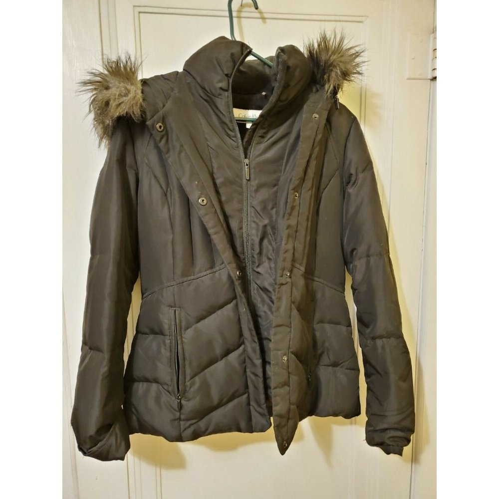 CALVIN KLEIN Womens Small Black Down Jacket Short Coat Fleece Lined Hooded  EUC